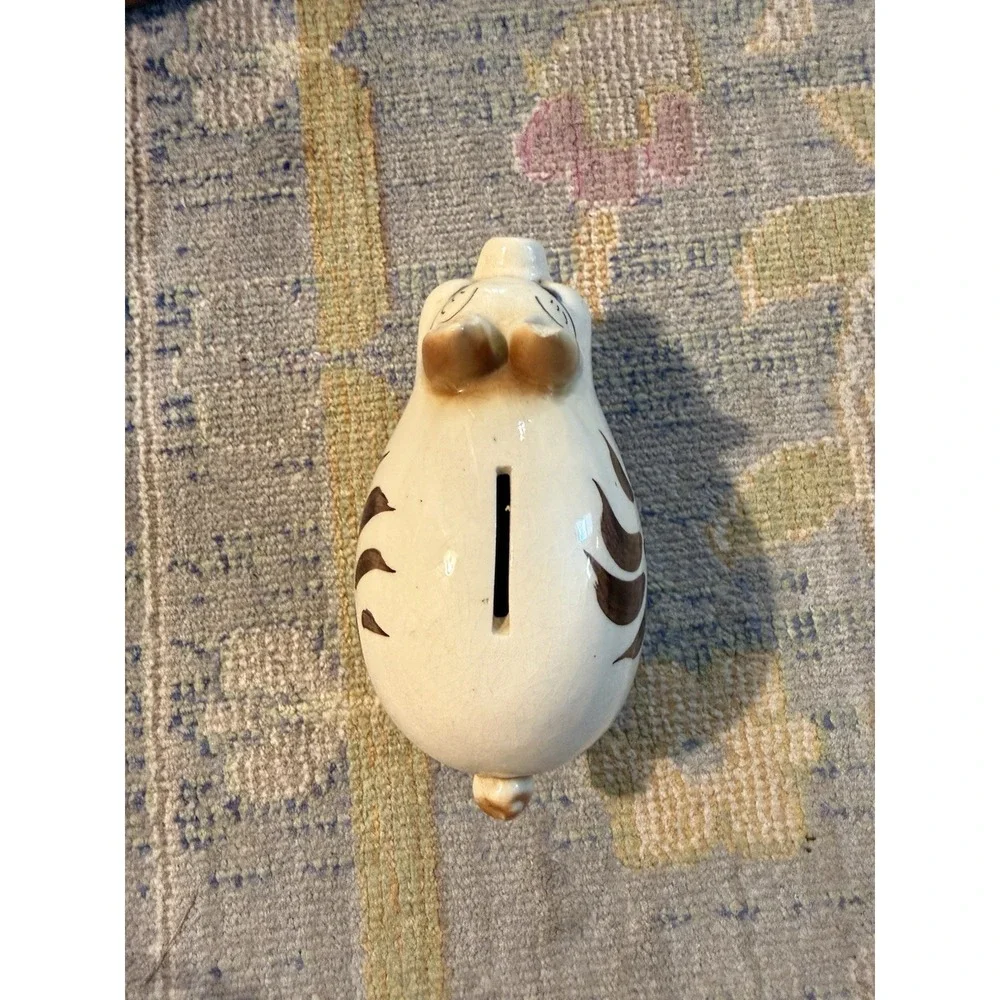 Vintage Ceramic Piggy Bank Hand Painted Pig Blue Eyes Brown Floral Mid Century